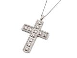 a close up of a cross on a white background with a chain