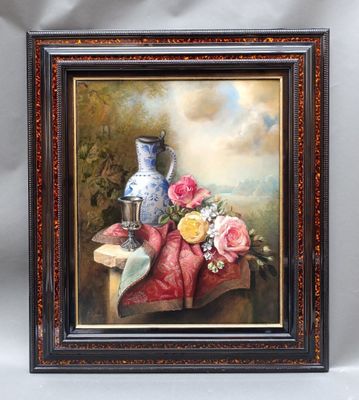 painting of a still life of flowers and a vase on a table