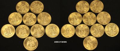 a close up of a bunch of gold coins on a black surface