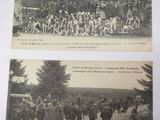 several old black and white photos of people and horses on a dirt road