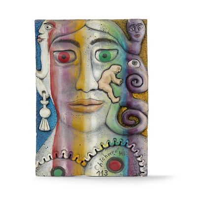peinture abstraite représentant le visage d'une femme orné d'oiseaux et de fleurs
