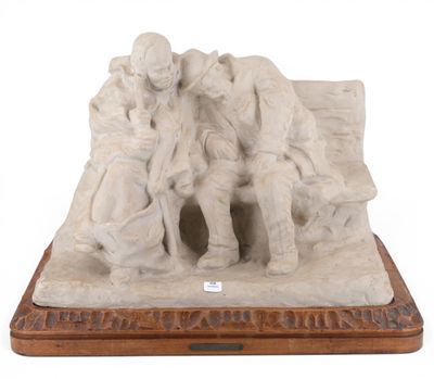 sculpture représentant un groupe de personnes assises sur un banc, sur fond blanc