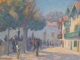 a painting of a street scene with people walking down the street