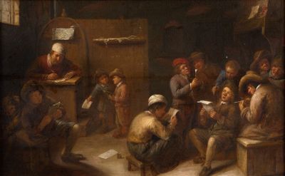 peinture d'un groupe de personnes assises autour d'une table dans une pièce