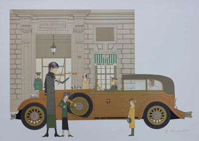tableau représentant une vieille voiture devant laquelle se tiennent un homme et un enfant