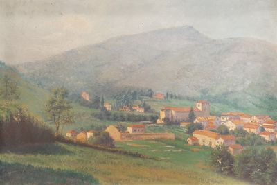 painting of a village in a valley with a mountain in the background