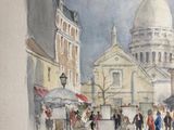 a painting of a street scene with people walking around