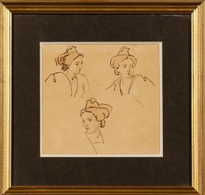 un dessin représentant la tête d'une femme dans trois poses différentes