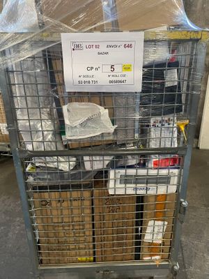 a cart with boxes and packages on it in a warehouse