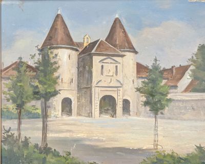 une peinture représentant un château avec une horloge sur la tour