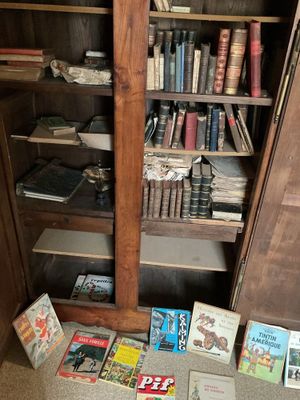 a lot of books on the floor in this room