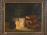 tableau représentant une nature morte avec des livres et une bouteille de vin posés sur une table