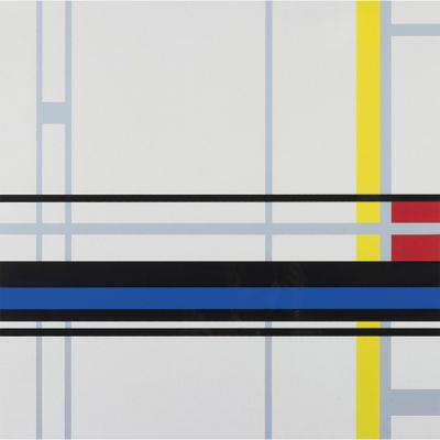 une peinture abstraite composée de lignes bleues, jaunes et rouges sur fond blanc