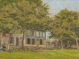 an oil painting of a house in a field with a person sitting on a bench in front of it