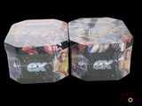 two boxes with different designs on them on a black background