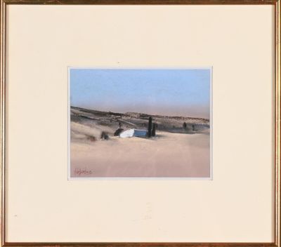 an image of a painting of a boat in the sand