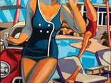 tableau représentant une femme en maillot de bain debout à côté d'une voiture rouge
