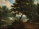 une image représentant un tableau représentant un paysage boisé avec une rivière