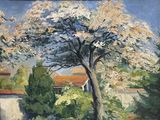 a painting of a tree and a building in the background