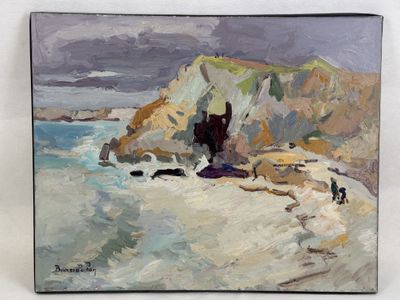 painting of a painting of a person on a beach near the ocean