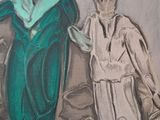 a painting of a man and a woman walking on a beach