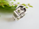 silver ring with a buckle on the middle of it and a green plant in the background