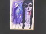 purple and black drawing of a woman with a fish in her hand