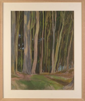 une peinture à l'huile représentant une scène forestière avec des arbres et de l'herbe