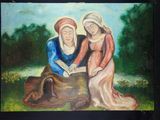 tableau représentant deux femmes assises sur une bûche en train de lire un livre