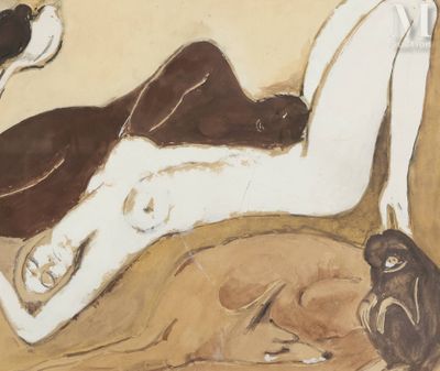 un tableau représentant une femme allongée sur un canapé avec un chien