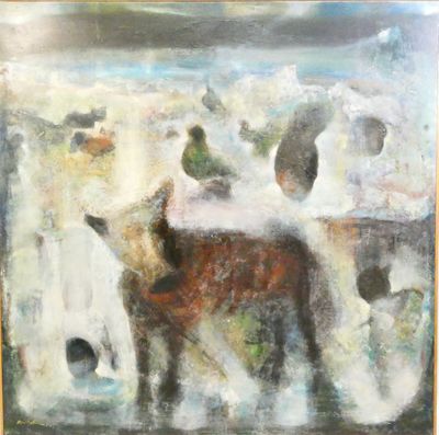 a painting of a cow and birds in a field