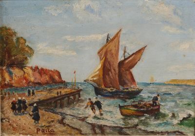 une peinture représentant un bateau sur l'eau près d'un embarcadère