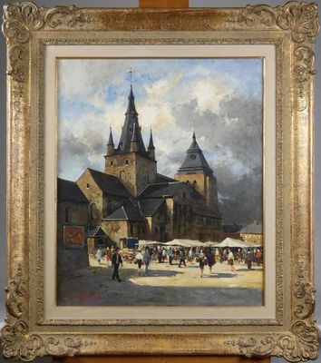 Tableau HST -Collégiale de Soignies marché animé- signé *VAN…