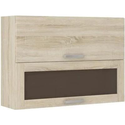 un gros plan d'une armoire murale en bois dotée d'une porte vitrée