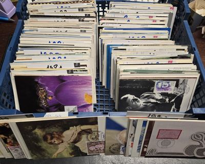 beaucoup de disques dans une caisse bleue posée par terre