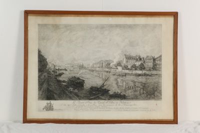 un vieux dessin représentant une vue de ville avec un bateau sur l'eau