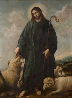 a painting of a man with a staff and sheep in a field