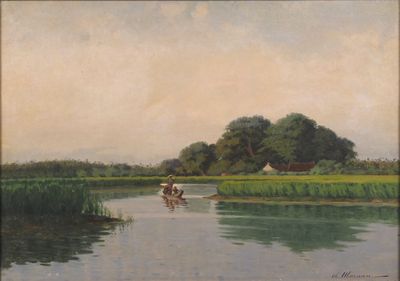 un tableau représentant deux personnes dans un bateau sur l'eau