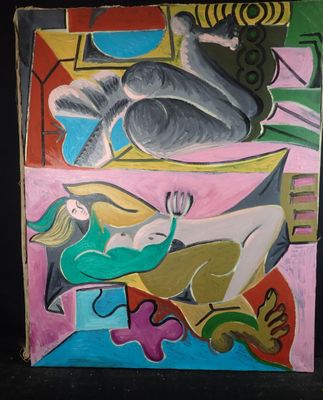 a painting of a woman and a cat on a table