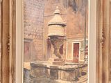une peinture à l'huile représentant une fontaine devant un immeuble