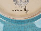 a close up of a blue and white plate with a picture on it