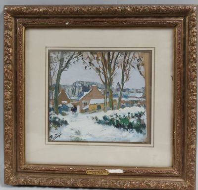 un tableau représentant un paysage enneigé avec une maison en arrière-plan