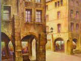a painting of a street scene with buildings in the background