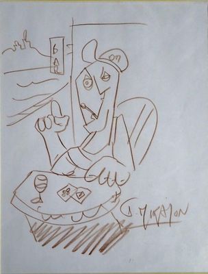 dessin représentant un homme assis à une table avec une tasse de café