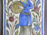 painting of a woman carrying a drum in a garden of flowers