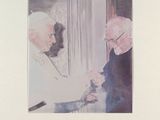 painting of a man shaking another man ' s hand in front of a window