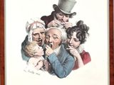painting of a group of people with a baby and a man in a top hat