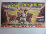 peinture représentant une affiche de cinéma sur laquelle figure un homme à cheval devant un groupe de personnes