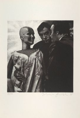 photographie en noir et blanc représentant deux hommes et une femme debout côte à côte