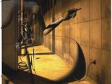 un tableau représentant un homme tenant un pistolet dans un couloir